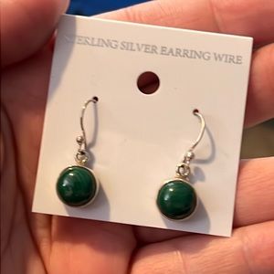 925 Sterling silver hook earrings with green round stones, New on placard